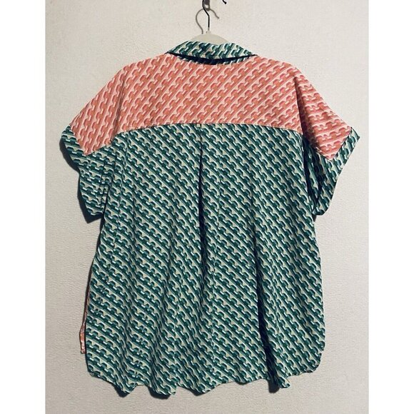 Entro Top Womens Medium Retro Boho Print Button Up Hi Low Hem Boxy Oversized - Picture 4 of 8